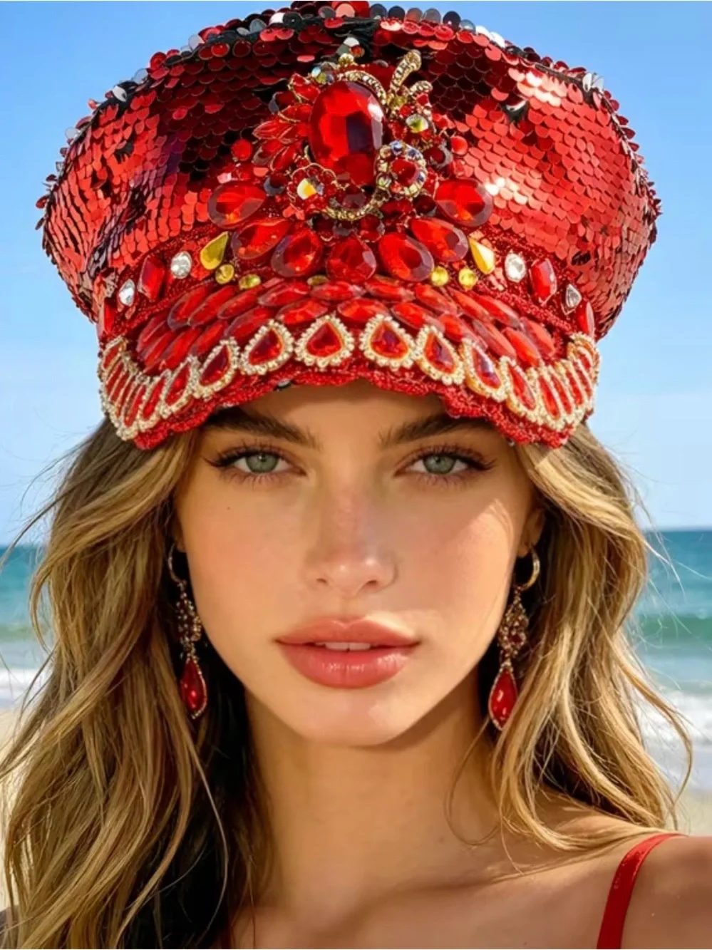 Embellished Red Sequin Jewel Cap - Women Accessories